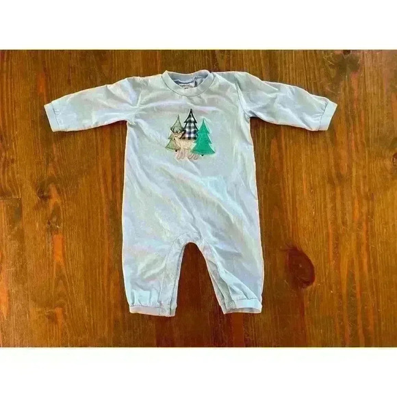 3 Sisters Infant Boys Winter Deer and Tree Design Baby Blue Romper,9 months - Picture 1 of 6